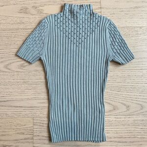 VENUS Short Sleeved Sweater, Ribbed Mock-Neck, Stretch, Eyelets, Muted Green, XS